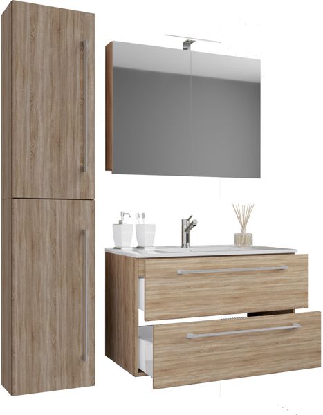 Waschplatz Badinos 80 cm Spiegelschrank & Hochschrank 4-tlg. Sonoma-Eiche