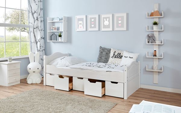 Einzelbett Leni Kiefer weiß Var 2 - mit 5er Schubkästen