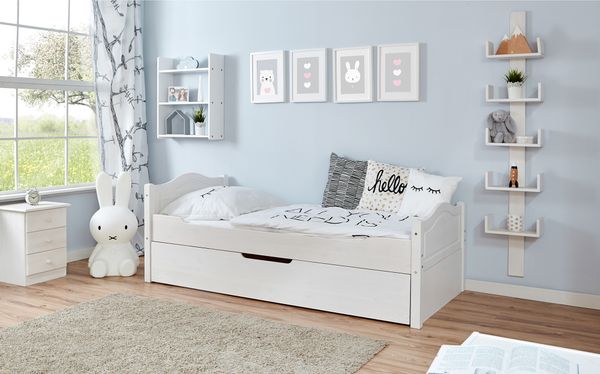 Einzelbett Leni Kiefer weiß Var 1 - mit Zusatzbett