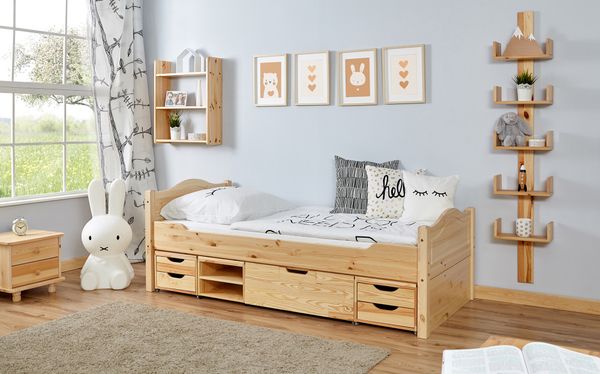 Einzelbett Leni Kiefer Var 3 - mit 4er Funktionsschubkasten