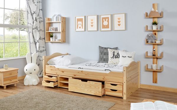 Einzelbett Leni Kiefer Var 3 - mit 4er Funktionsschubkasten