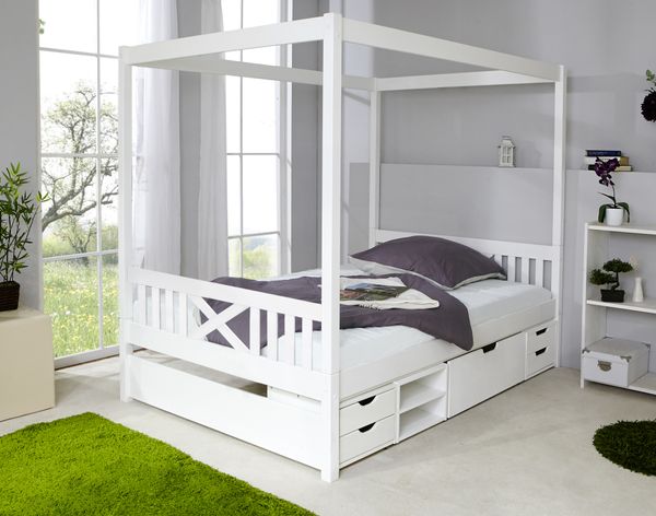 Himmelbett Lino 140er weiß Var 2 - mit 4er Funktionsschubkasten -