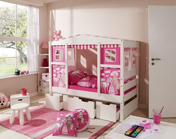 Hausbett MINI Prinzessin Rosa 80x160 cm Var 1 - mit Zusatzbett - inkl. 2 Matratzen