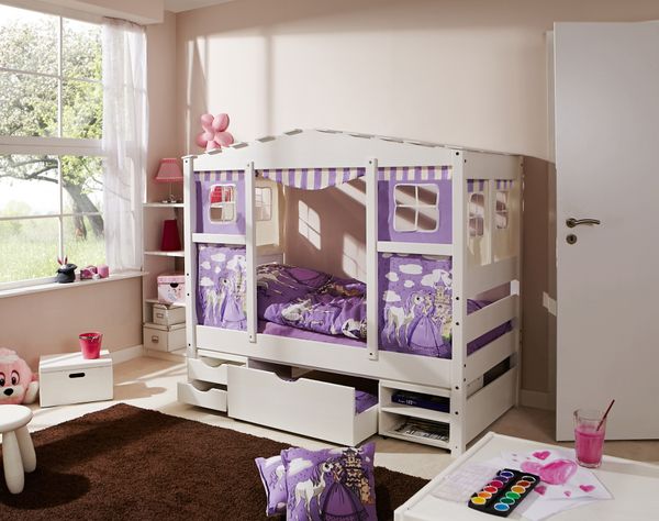 Hausbett MINI Prinzessin Lila Var 3 - mit 3er Funktionsschubkasten - inkl. Matratze