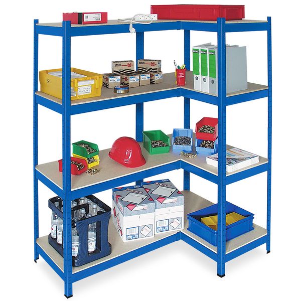 Schwerlast-Steck-Kompletteckregal, blau, links, Tragkraft 265 kg/Ebene, HxBxT 1800x900/1400x500 mm