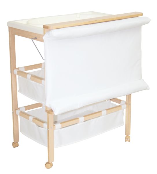 Bade-Wickelkombi Baby Pool, Wickeltisch klappbar mit Badewanne, Holz natur, Wickelauflage weiß