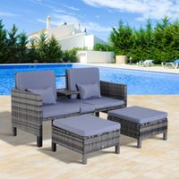 3-tlg. Sitzgruppe Rattanmöbel 2er-Sofa inkl. 2 Hocker & Kissen grau