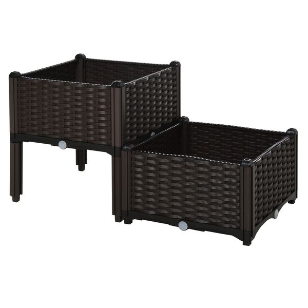 Hochbeet 2-teiliger Pflanzkasten mit Abflusslöchern in Rattan-Look PP Braun 40 x 40 x 44 cm