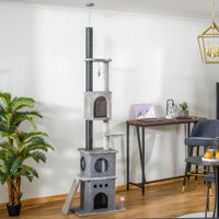 Kratzbaum Katzenbaum Deckenhoch Kletterbaum mit Katzenspielzeug Sisal Plüsch Hellgrau höhenverstellbar 60 x 40 x 225-255 cm