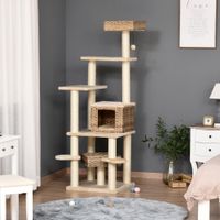 Rattan Kratzbaum mit Katzenhöhle Hängematte Mehrstufiger Katzenbaum Kletterbaum für Katzen E1 MDF Sisal Beige+Braun 55 x 55 x 174 cm