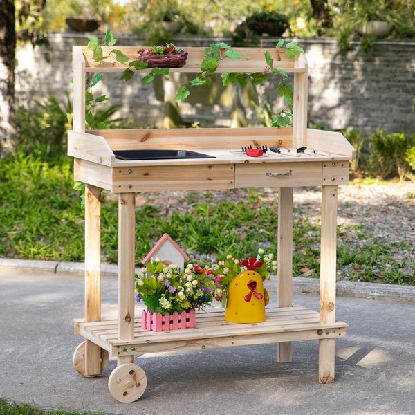 Pflanztisch mit Schublade Gärtnertisch mit Waschbecken & Rollen Natur