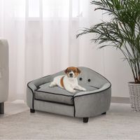 Haustiersofa, Hundebett, Hundematte, Hundesofa, Naturholz+Plüsch, Grau, 66,5 x 45 x 35,5 cm
