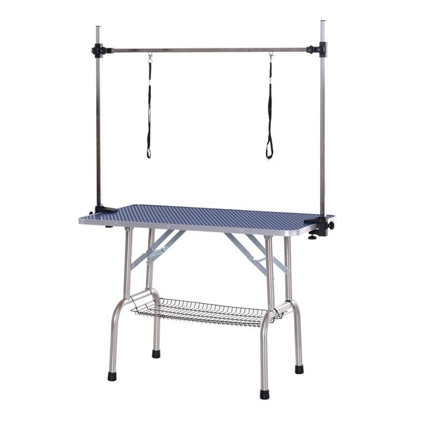 Trimmtisch Tierpflegetisch Schertisch Pflegetisch mit Unterkorb für Hunde höhenverstellbar klappbar Edelstahl Metall Blau 107 x 60 x 170 cm