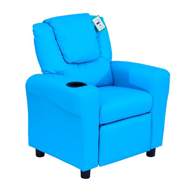Kindersessel für 3-6 Jahre alt, Liegefunktion, Eingebauten Becherhalter, Blau, 62 x 52 x 69 cm