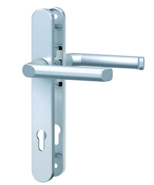 Schmalrahmen-Drücker-Garnitur - rund - Alu Edelstahlfarben - Lochung: PZ - 92/8 mm