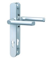 Schmalrahmen-Drücker-Garnitur - rund - Alu Edelstahlfarben - Lochung: PZ - 92/8 mm