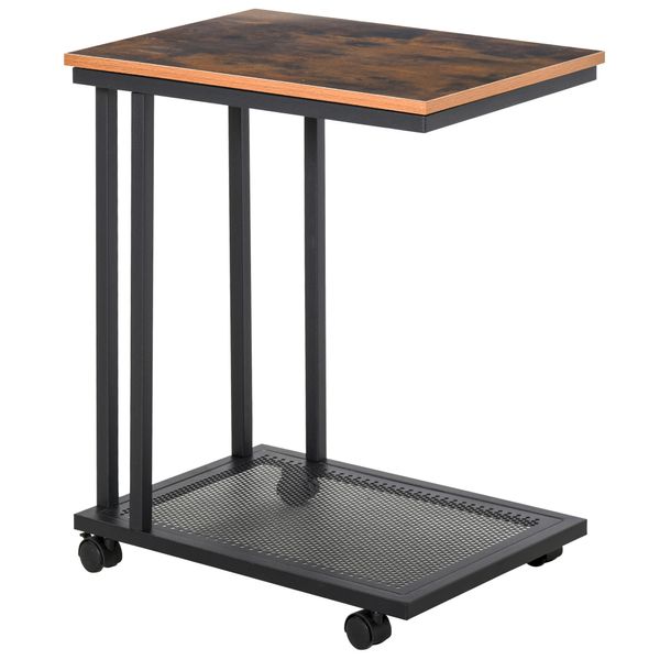 Beistelltisch C-Form, Rollwagen Servierwagen Holz + Metall Schwarz + Walnuss gemasert 51 x 36 x 65cm