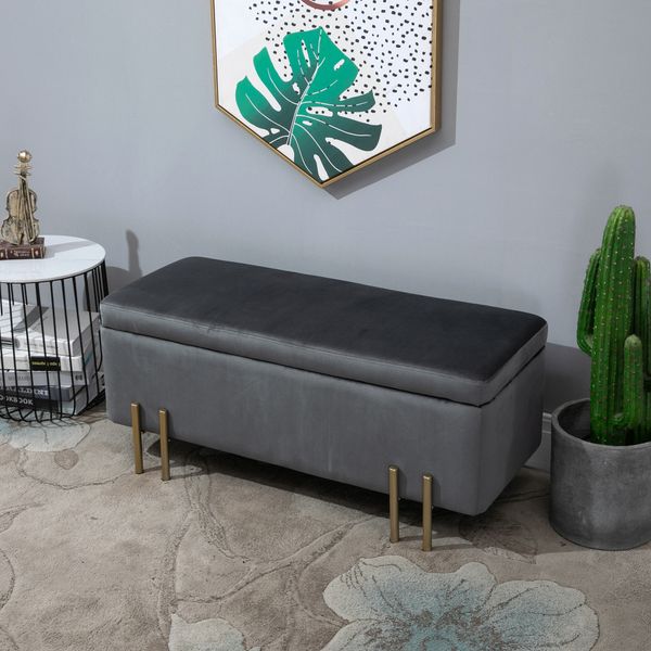 Sitzbank, Polsterbank mit Stauraum, Stoff, Metall, Schaumstoff, Dunkelgrau, 100 x 40 x 42 cm