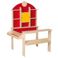 Kaufladen, Kaufmannsladen, natur, mit Theke, Uhr, roter Rückwand, gelben Schiebetüren