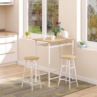 Bartisch Set 3-teilig Esstisch mit 2 hocker mit Regal MDF-Platte Stahl Weiß+Eiche 80 x 50 x 90 cm