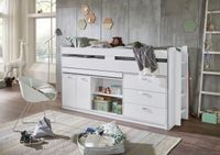 Hochbett Ponny LF 90x200 cm, mit Regal, Schubladenelement und Schreibtisch