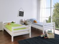 Etagenbett BENI L Buche massiv weiß lackiert, 2 Liegeflächen über Eck, mit Stoffset blau/delfin