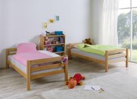 Etagenbett BENI L Buche massiv natur lackiert, 2 Liegeflächen über Eck, mit Stoffset pink/herz