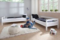 Etagenbett BENI Buche massiv weiß lackiert mit Textilset blau/boy