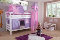 Etagenbett BENI Buche massiv weiß lackiert mit Textilset purple/rosa/herz