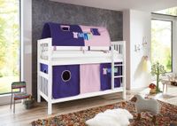 Etagenbett Kick Buche massiv weiß lackiert mit Textilset best. aus Vorhang und 2-er Tunnel , Farbe Rosa/Violett-Kleider