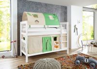Etagenbett Kick Buche massiv weiß lackiert mit Textilset best. aus Vorhang und 2-er Tunnel , Farbe Dschungel