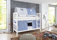 Etagenbett Kick Buche massiv weiß lackiert mit Textilset best. aus Vorhang und 2-er Tunnel , Farbe Blau/Boy