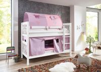 Etagenbett Kick Buche massiv weiß lackiert mit Textilset best. aus Vorhang und 2-er Tunnel , Farbe purple/rosa