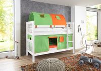 Etagenbett mit Textilset und Leiter, ca. 209 x 102,5 x 230 cm – Weiß/Grün/Orange