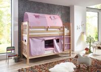 Etagenbett Kick Buche massiv natur lackiert mit Textilset aus Vorhang und 2-er Tunnel - purple/rosa