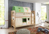 Etagenbett Kick Buche massiv natur lackiert mit Textilset best. aus Vorhang und 2-er Tunnel , Farbe Beige/Grün