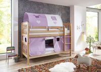 Etagenbett Kick Buche massiv natur lackiert mit Textilset aus Vorhang und Tunnel - purple/weiß/herz