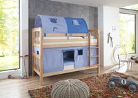 Etagenbett Kick Buche massiv natur lackiert mit Textilset aus Vorhang und 2-er Tunnel - blau/delfin