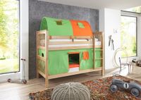 Etagenbett Kick Buche massiv natur lackiert mit Textilset best. aus Vorhang und 2-er Tunnel , Farbe grün/orange