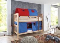 Etagenbett Kick Buche massiv natur lackiert mit Textilset aus Vorhang und 2-er Tunnel - blau/rot