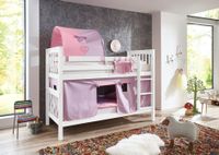 Etagenbett Kick Buche massiv weiß lackiert mit Textilset best. aus Vorhang, 1-er Tunnel und Tasche, Farbe purple/rosa