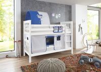 Etagenbett Kick Buche massiv weiß lackiert mit Textilset best. aus Vorhang, 1-er Tunnel und Tasche, Farbe weiß/delfin