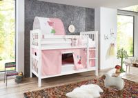 Etagenbett Kick Buche massiv weiß lackiert mit Textilset best. aus Vorhang, 1-er Tunnel und Tasche, Farbe Princess