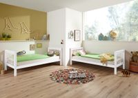 Etagenbett Kick Buche massiv weiß lackiert mit Textilset - Farbe Beige/Grün