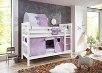 Etagenbett Kick Buche massiv weiß lackiert mit Textilset best. aus Vorhang, 1-er Tunnel und Tasche, Farbe purple/weiß/herz