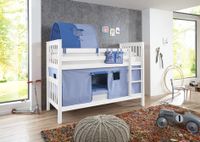 Etagenbett Kick Buche massiv weiß lackiert mit Textilset best. aus Vorhang, 1-er Tunnel und Tasche, Farbe blau/delfin