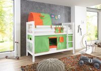 Etagenbett Kick Buche massiv weiß lackiert mit Textilset best. aus Vorhang, 1-er Tunnel und Tasche, Farbe grün/orange