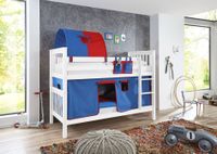Etagenbett Kick Buche massiv weiß lackiert mit Textilset best. aus Vorhang, 1-er Tunnel und Tasche, Farbe blau/rot