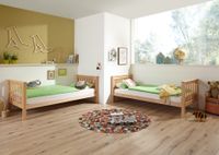 Etagenbett Kick Buche massiv natur lackiert mit Textilset aus Vorhang, Tunnel und Tasche - Rosa/Vio