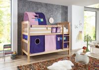 Etagenbett Kick Buche massiv natur lackiert mit Textilset best. aus Vorhang, 1-er Tunnel und Tasche, Farbe Rosa/Violett-Kleider